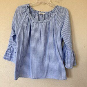 BLOUSE WOMENS SIZE SMALL STRIPE BLUE AND WHITE FLARE BELL SLEEVES